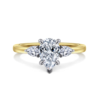 Adalia - 14K White-Yellow Gold Pear Shape Three Stone Diamond Engagement Ring