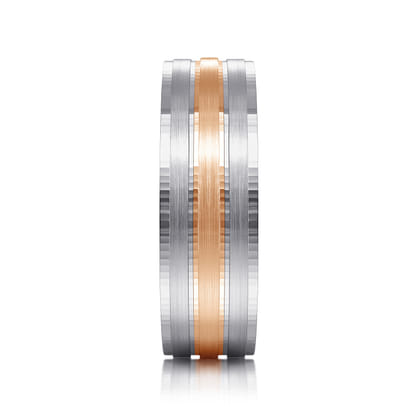 Adam - 14K White-Rose Gold 7mm - Three Row Satin Finish Men's Wedding Band in Two Tone