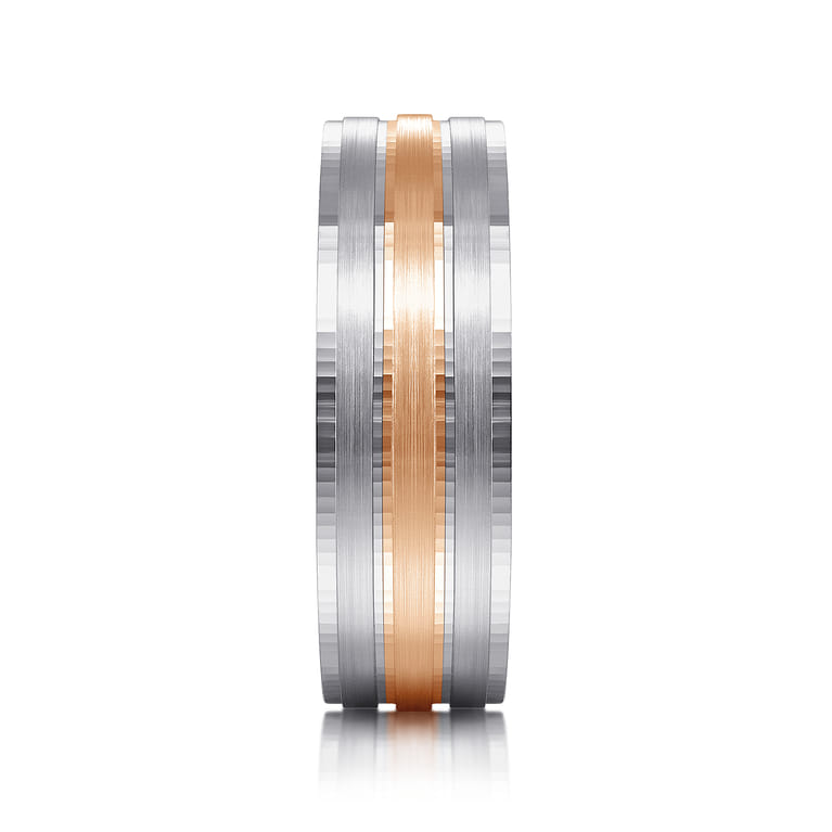 Adam - 14K White-Rose Gold 7mm - Three Row Satin Finish Men's Wedding Band in Two Tone - Shot 4