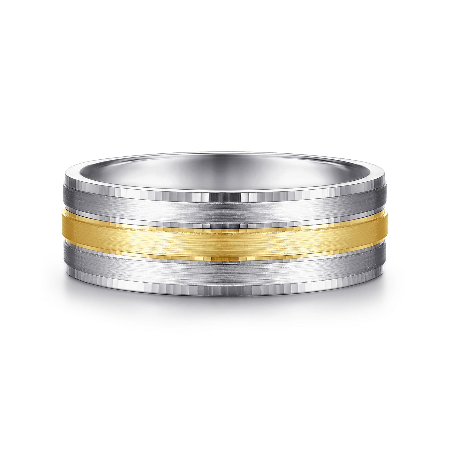 Adam - 14K White-Yellow Gold 7mm - Three Row Satin Finish Men's Wedding Band in Two Tone - Shot 1