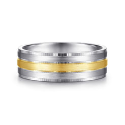 Adam - 14K White-Yellow Gold 7mm - Three Row Satin Finish Men's Wedding Band in Two Tone
