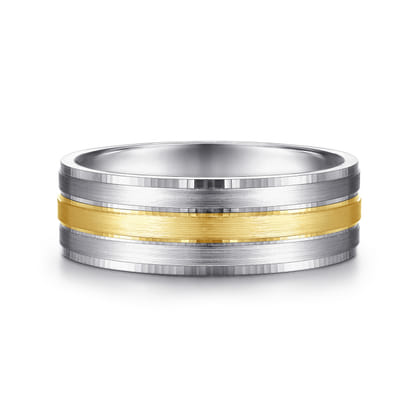 Adam - 14K White-Yellow Gold 7mm - Three Row Satin Finish Men's Wedding Band in Two Tone