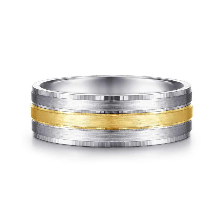 Adam - 14K White-Yellow Gold 7mm - Three Row Satin Finish Men's Wedding Band in Two Tone - Shot 1