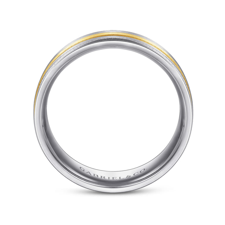 Adam - 14K White-Yellow Gold 7mm - Three Row Satin Finish Men's Wedding Band in Two Tone - Shot 2