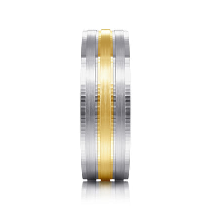 Adam - 14K White-Yellow Gold 7mm - Three Row Satin Finish Men's Wedding Band in Two Tone