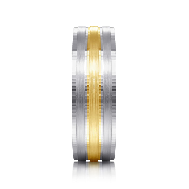 Adam - 14K White-Yellow Gold 7mm - Three Row Satin Finish Men's Wedding Band in Two Tone - Shot 4