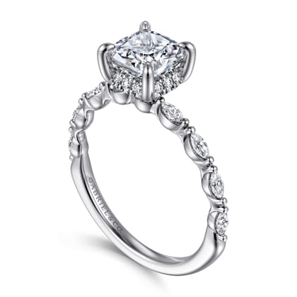 Adeena - 14K White Gold Cushion Hidden Halo Diamond Engagement Ring