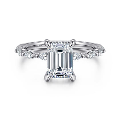 Adeena - 14K White Gold Emerald Cut Hidden Halo Diamond Engagement Ring