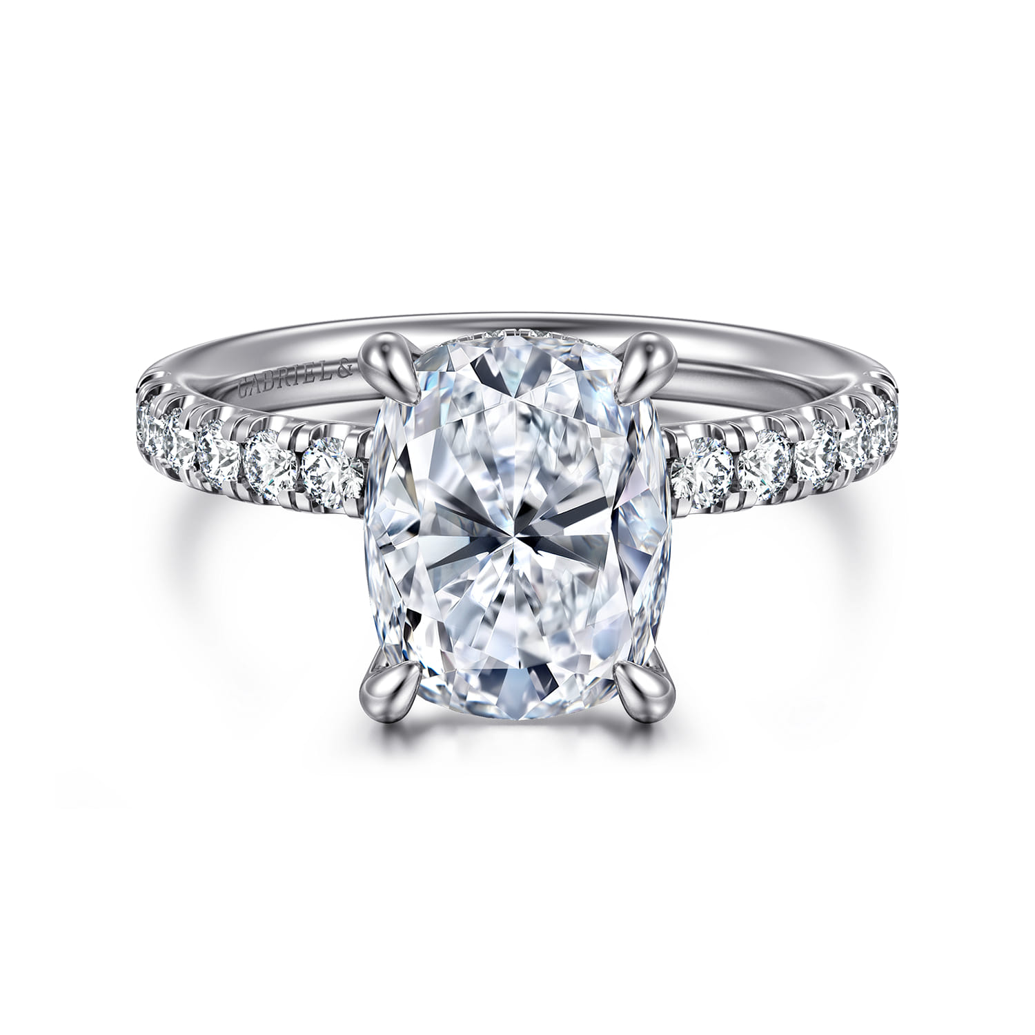 Adela - 14K White Gold Elongated Cushion Hidden Halo Diamond Engagement Ring