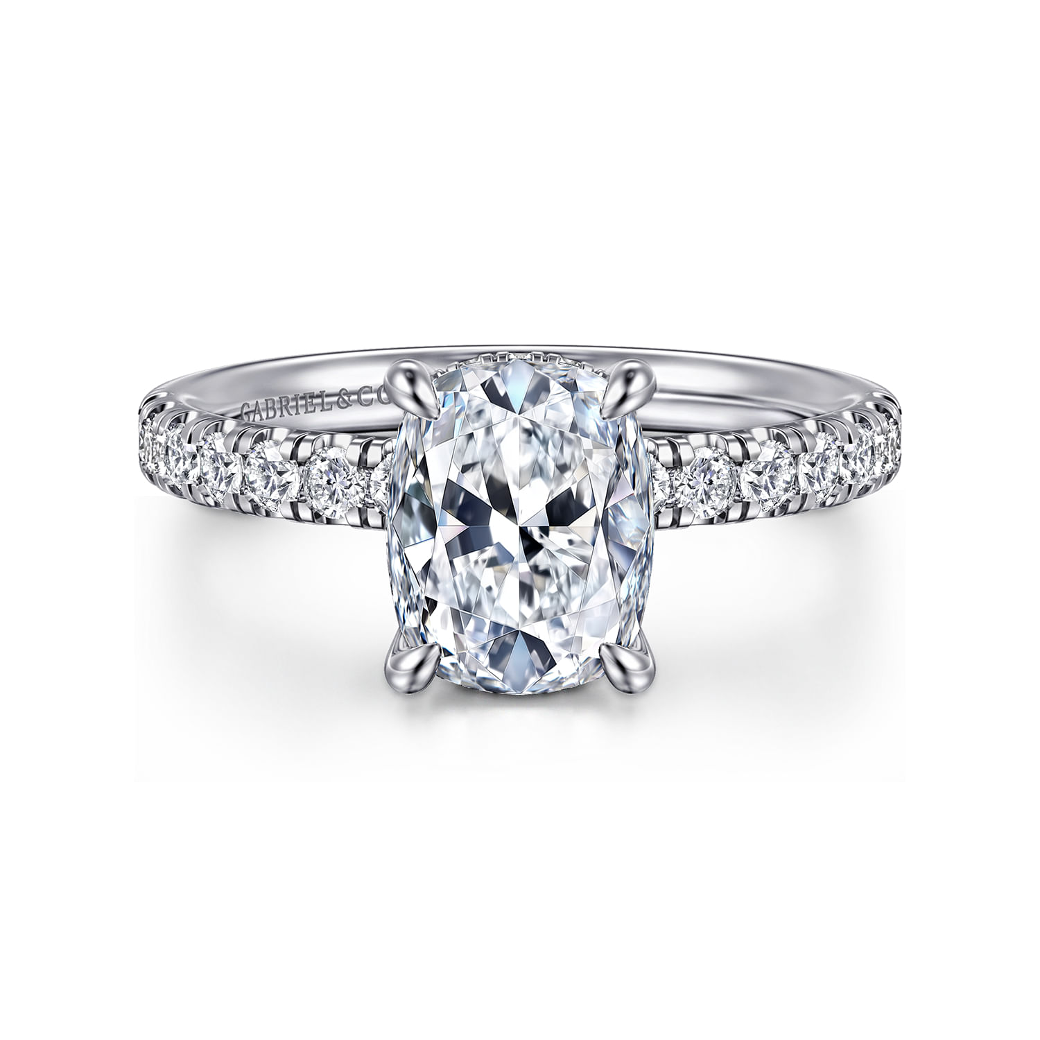 Adela - 14K White Gold Elongated Cushion Hidden Halo Diamond Engagement Ring