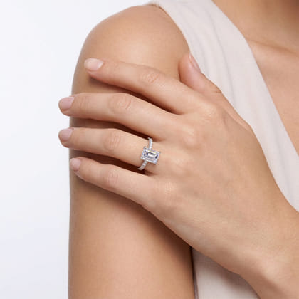 Adela - 14K White Gold Emerald Cut Hidden Halo Diamond Engagement Ring