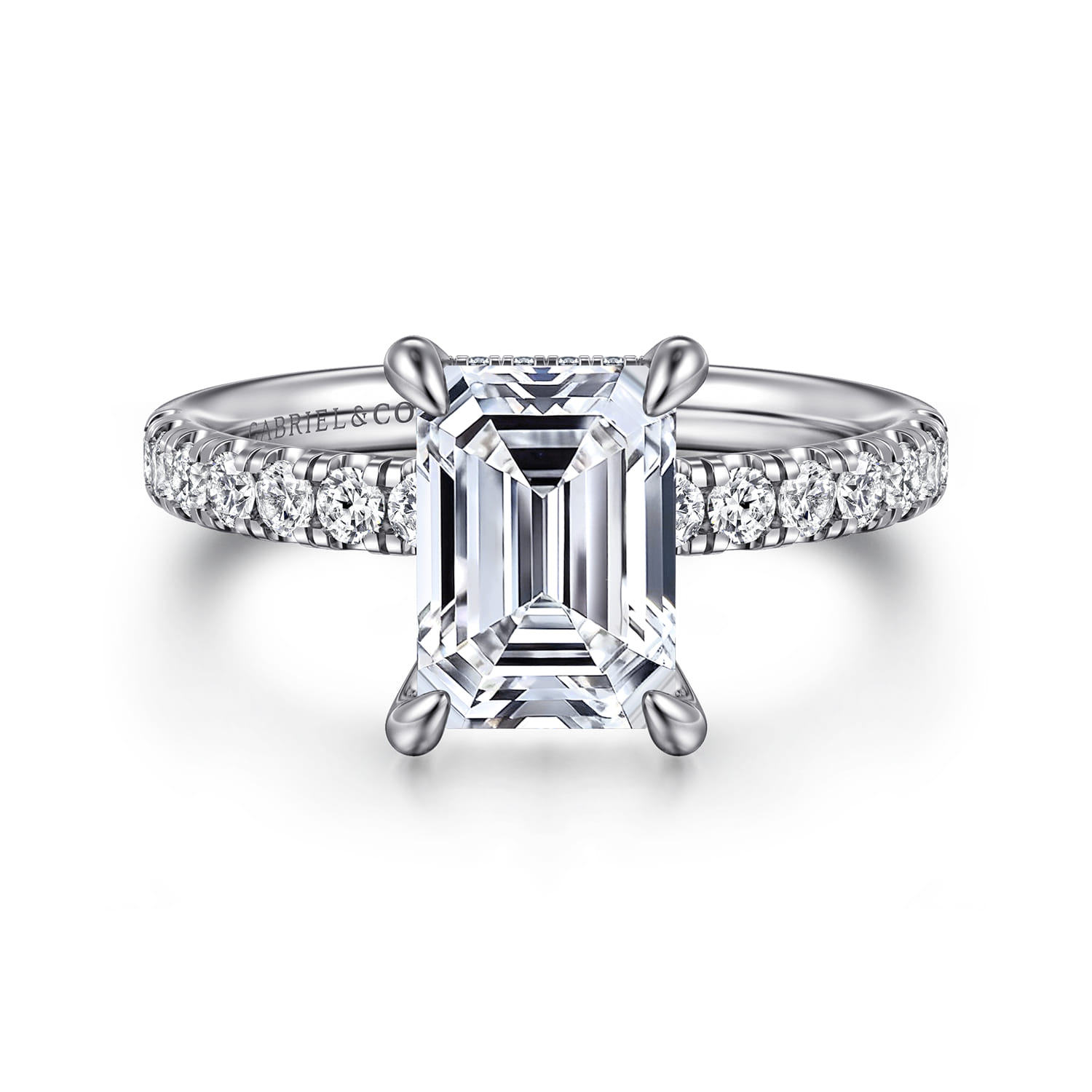 Adela - 14K White Gold Emerald Cut Hidden Halo Diamond and Engagement Ring