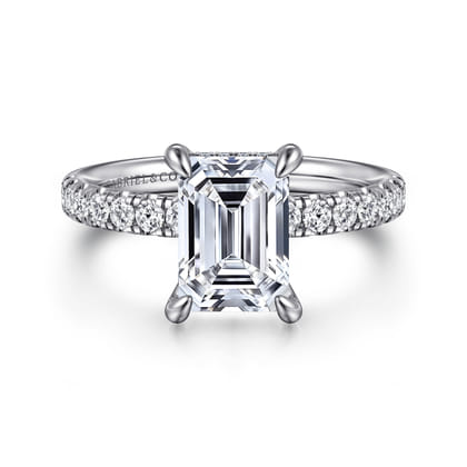 Adela - 14K White Gold Emerald Cut Hidden Halo Diamond and Engagement Ring