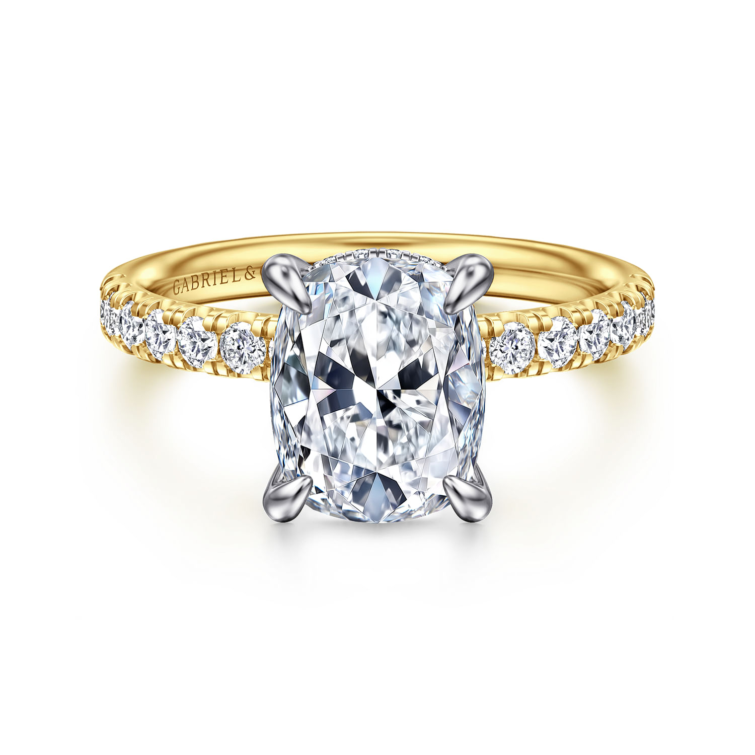 Adela - 14K White-Yellow Gold Elongated Cushion Hidden Halo Diamond Engagement Ring