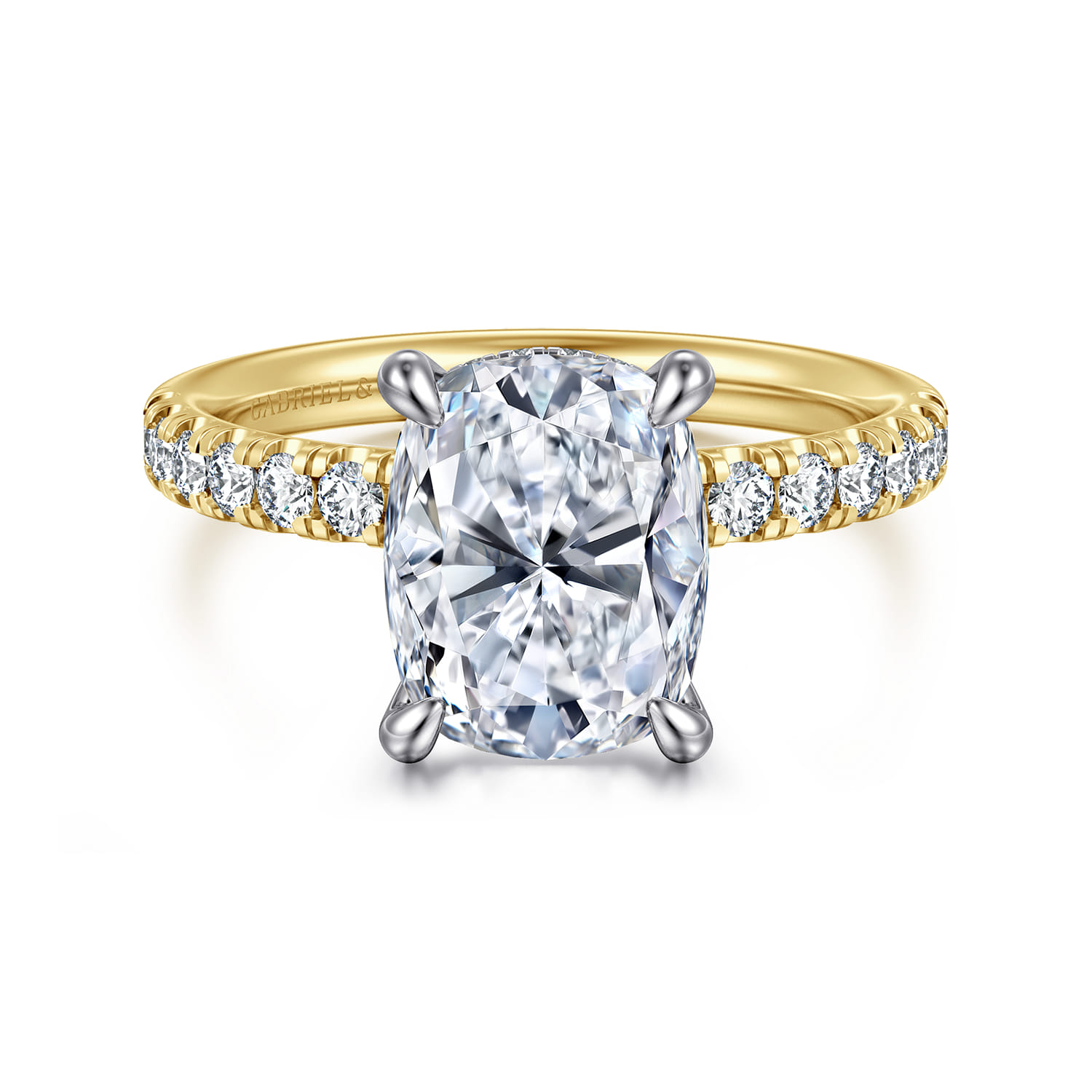 Adela - 14K White-Yellow Gold Elongated Cushion Hidden Halo Diamond Engagement Ring