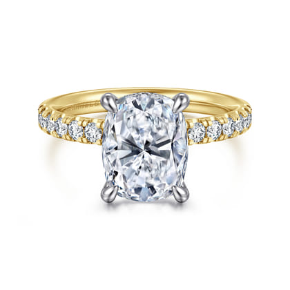 Adela - 14K White-Yellow Gold Elongated Cushion Hidden Halo Diamond Engagement Ring