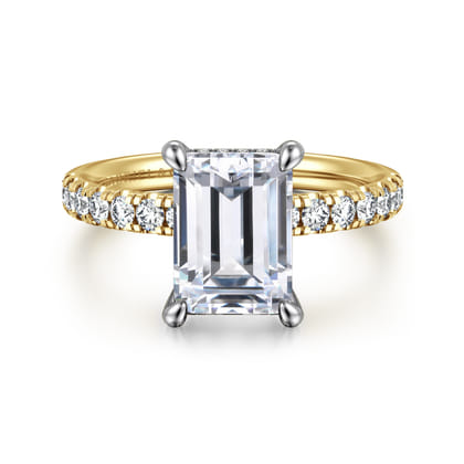 Adela - 14K White-Yellow Gold Emerald Cut Hidden Halo Diamond Engagement Ring