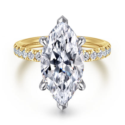 Adela - 14K White-Yellow Gold Marquise Shape Hidden Halo Diamond Engagement Ring