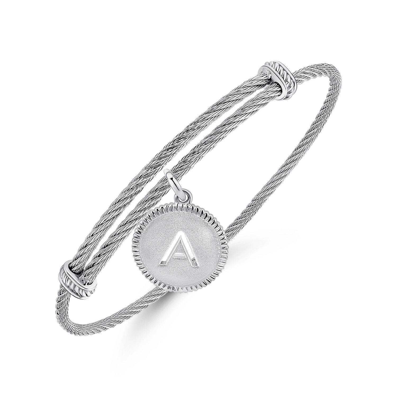 Adjustable Twisted Cable Stainless Steel Bangle with Sterling Silver A Initial Charm - Shot 2
