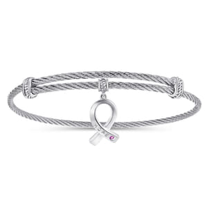 Adjustable Twisted Cable Stainless Steel Bangle with Sterling Silver Amethyst Breast Cancer Charm
