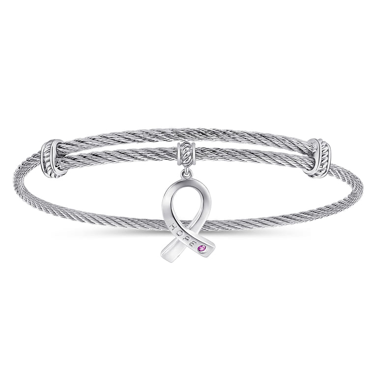 Adjustable Twisted Cable Stainless Steel Bangle with Sterling Silver Amethyst Breast Cancer Charm - Shot 1