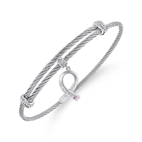 Adjustable Twisted Cable Stainless Steel Bangle with Sterling Silver Amethyst Breast Cancer Charm - Shot 2
