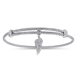 Adjustable Twisted Cable Stainless Steel Bangle with Sterling Silver Angel Wing Charm