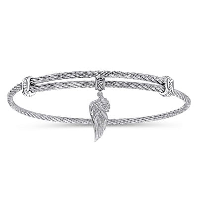 Adjustable Twisted Cable Stainless Steel Bangle with Sterling Silver Angel Wing Charm
