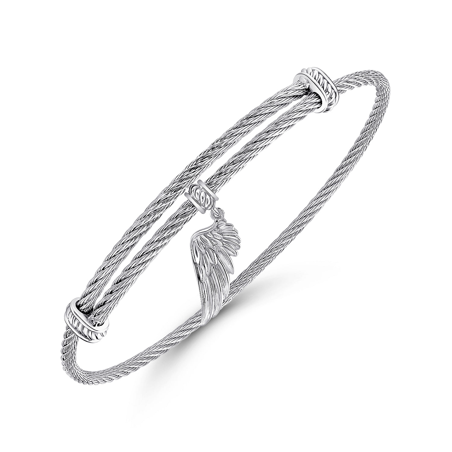 Adjustable Twisted Cable Stainless Steel Bangle with Sterling Silver Angel Wing Charm - Shot 2