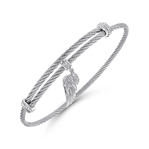Adjustable Twisted Cable Stainless Steel Bangle with Sterling Silver Angel Wing Charm - Shot 2