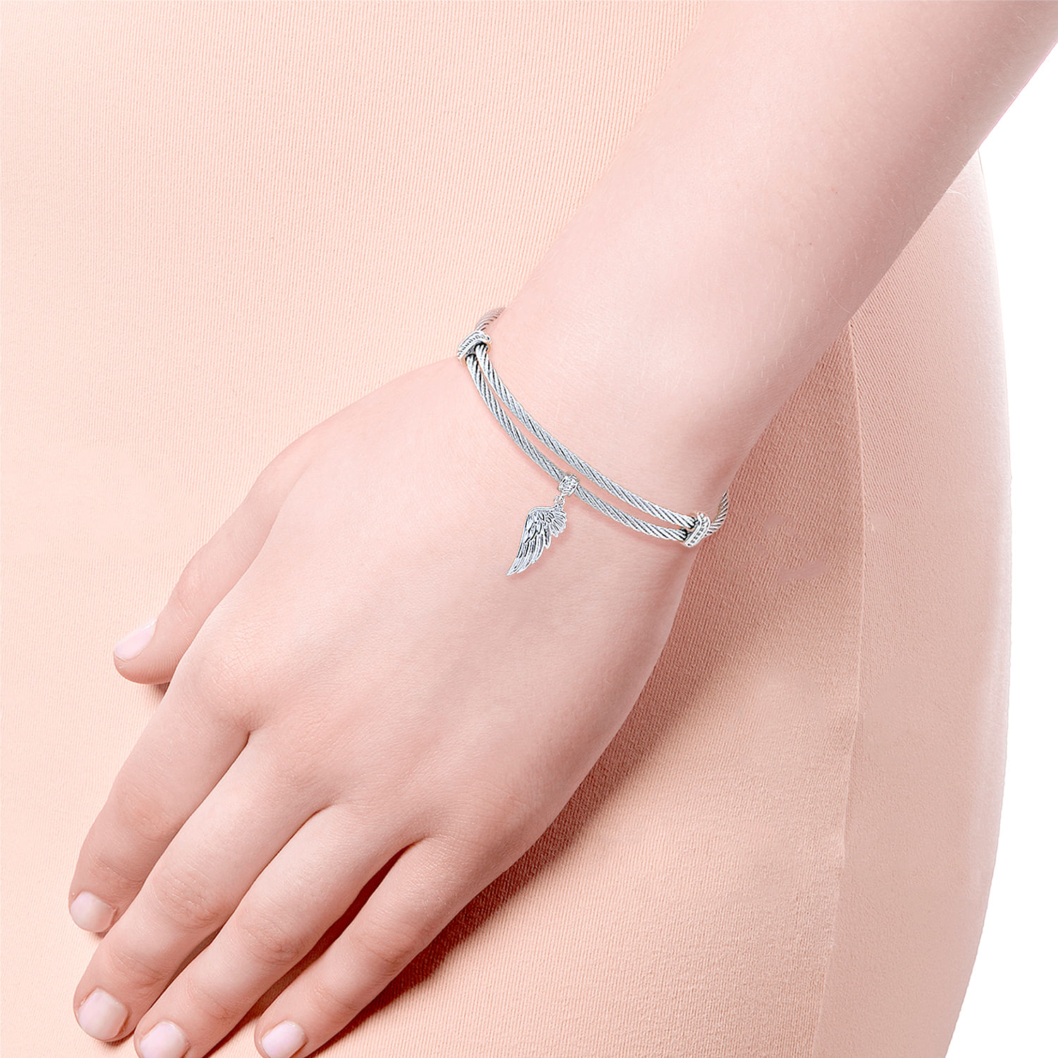 Adjustable Twisted Cable Stainless Steel Bangle with Sterling Silver Angel Wing Charm - Shot 3