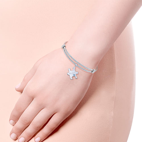 Adjustable Twisted Cable Stainless Steel Bangle with Sterling Silver Blue Topaz Puzzle Piece Charm - Shot 3