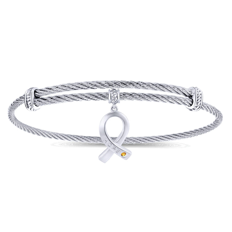 Adjustable Twisted Cable Stainless Steel Bangle with Sterling Silver Citrine Breast Cancer Charm - Shot 1