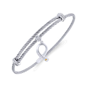 Adjustable Twisted Cable Stainless Steel Bangle with Sterling Silver Citrine Breast Cancer Charm
