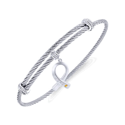 Adjustable Twisted Cable Stainless Steel Bangle with Sterling Silver Citrine Breast Cancer Charm