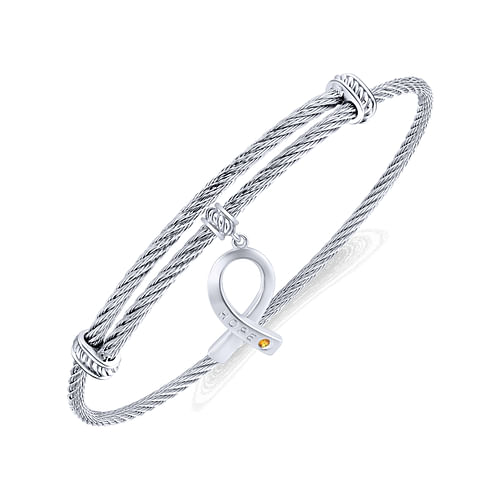 Adjustable Twisted Cable Stainless Steel Bangle with Sterling Silver Citrine Breast Cancer Charm - Shot 2