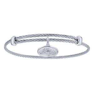Adjustable Twisted Cable Stainless Steel Bangle with Sterling Silver Diamond Hope Charm