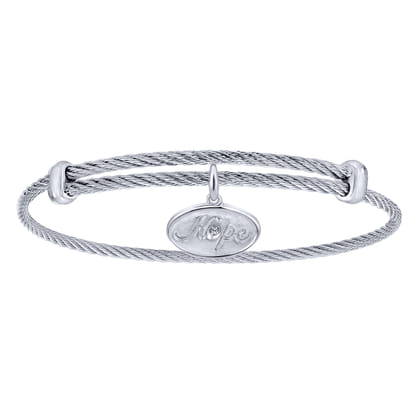 Adjustable Twisted Cable Stainless Steel Bangle with Sterling Silver Diamond Hope Charm
