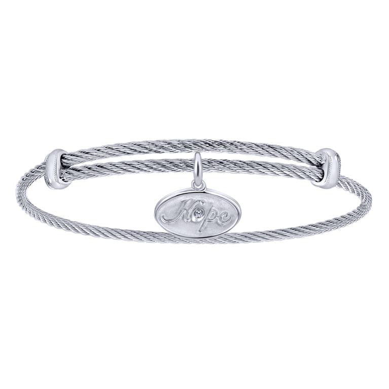 Adjustable Twisted Cable Stainless Steel Bangle with Sterling Silver Diamond Hope Charm - Shot 1