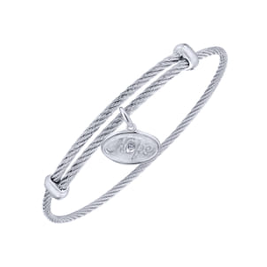 Adjustable Twisted Cable Stainless Steel Bangle with Sterling Silver Diamond Hope Charm