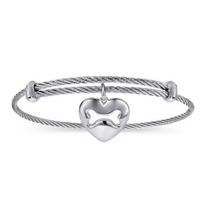 Adjustable Twisted Cable Stainless Steel Bangle with Sterling Silver Doggy Bone Charm