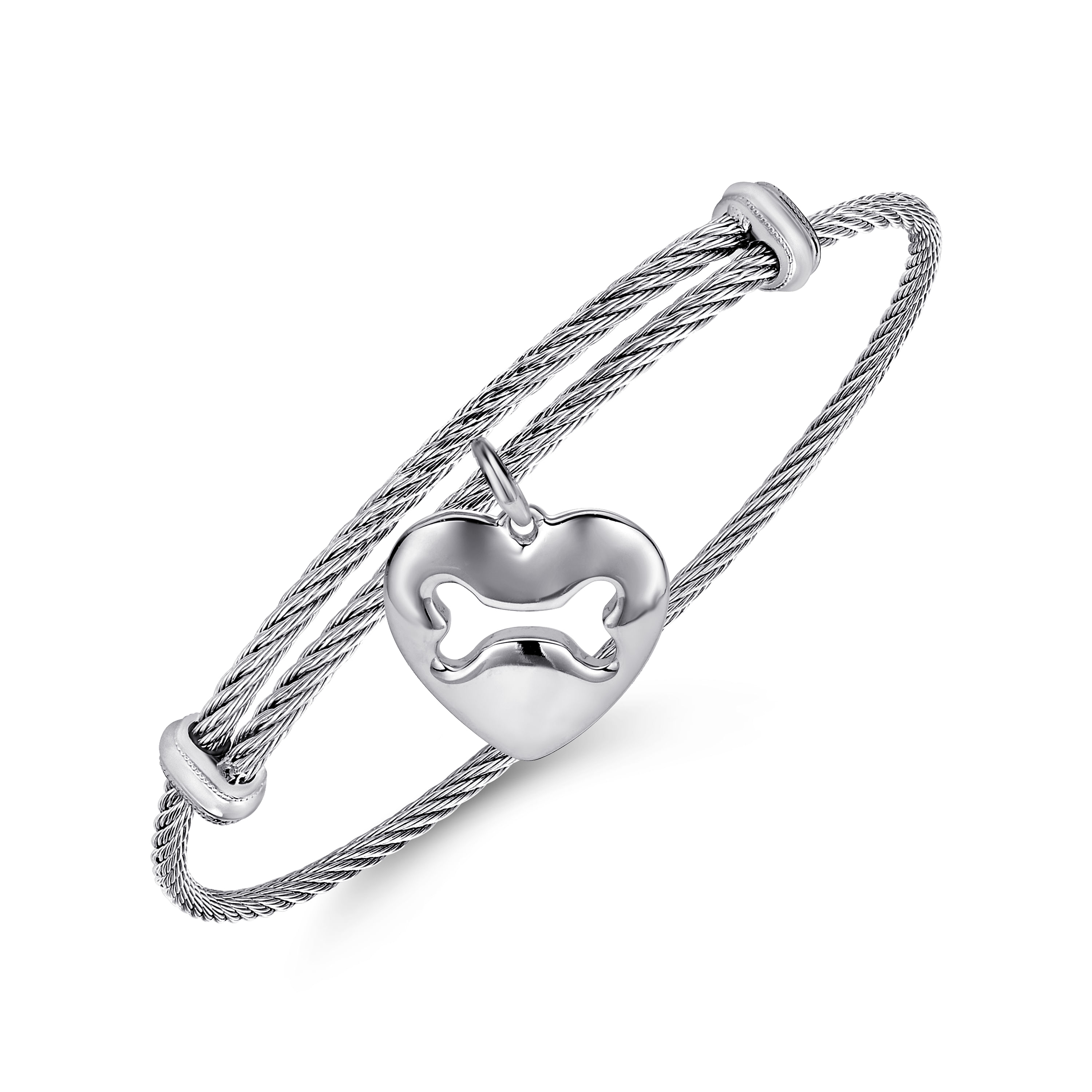 Adjustable Twisted Cable Stainless Steel Bangle with Sterling Silver Doggy Bone Charm