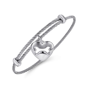 Adjustable Twisted Cable Stainless Steel Bangle with Sterling Silver Doggy Bone Charm