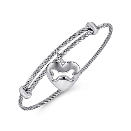 Adjustable Twisted Cable Stainless Steel Bangle with Sterling Silver Doggy Bone Charm