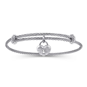 Adjustable Twisted Cable Stainless Steel Bangle with Sterling Silver Heart Lock Charm