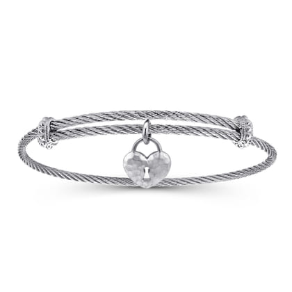 Adjustable Twisted Cable Stainless Steel Bangle with Sterling Silver Heart Lock Charm