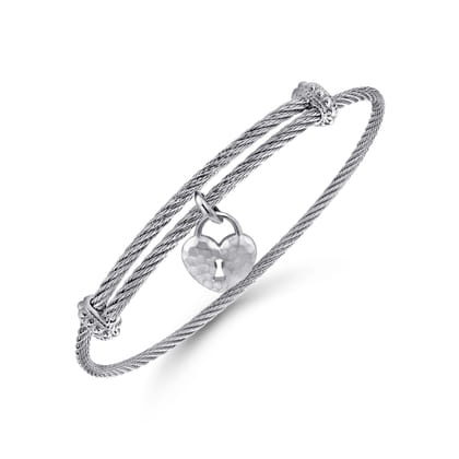 Adjustable Twisted Cable Stainless Steel Bangle with Sterling Silver Heart Lock Charm