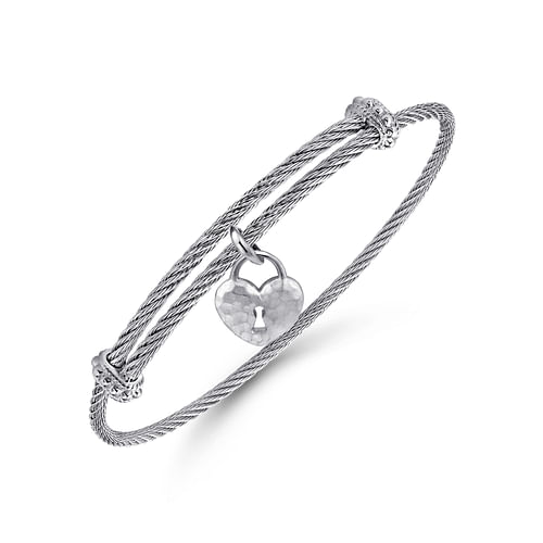 Adjustable Twisted Cable Stainless Steel Bangle with Sterling Silver Heart Lock Charm - Shot 2