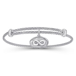 Adjustable Twisted Cable Stainless Steel Bangle with Sterling Silver Infinity Charm