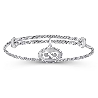 Adjustable Twisted Cable Stainless Steel Bangle with Sterling Silver Infinity Charm